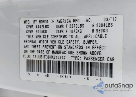 2017 Acura Tlx z USA, uszkodzony, nr VIN 19UUB1F38HA010642